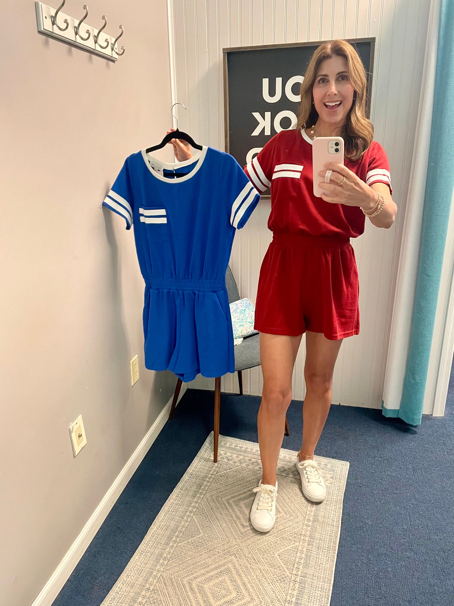 Solid Pocket Romper W/ Striped Elbow Sleeve