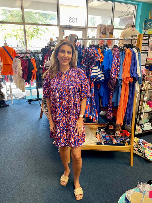 Abstract Print Smocked Top Split Neck Dress - Blue/Org