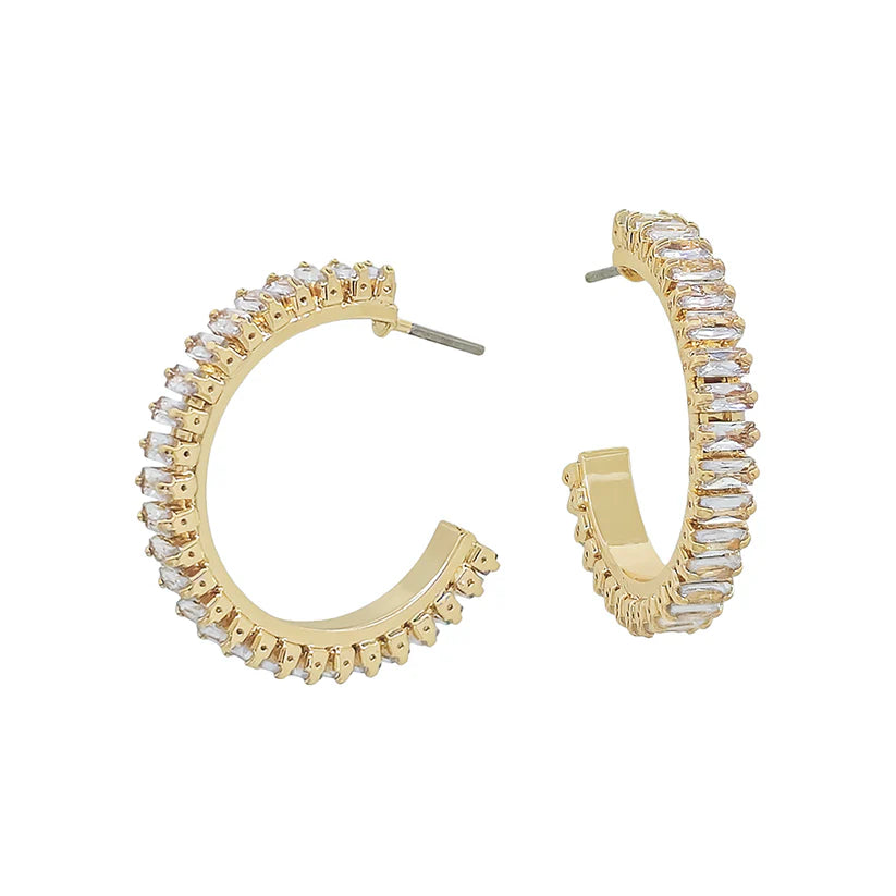 Gold Baguette Stones Hoop Earring