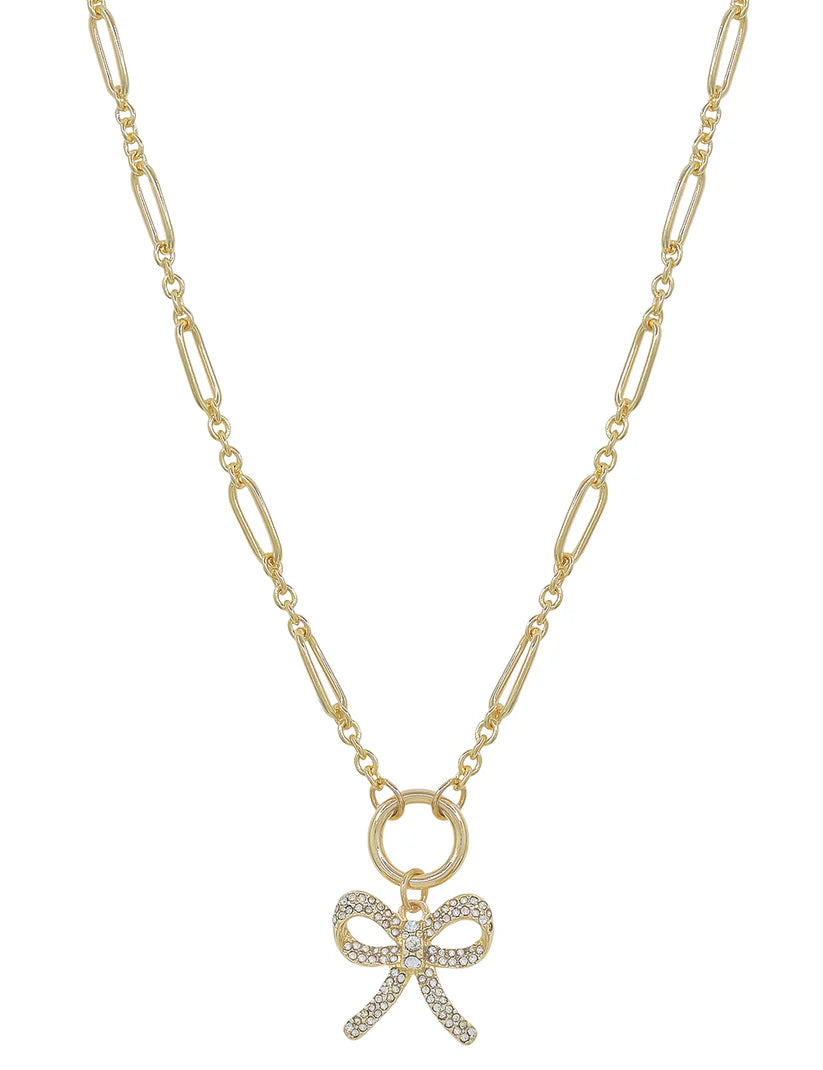 Rhinestone Bow Charm Chain Necklace-Gold