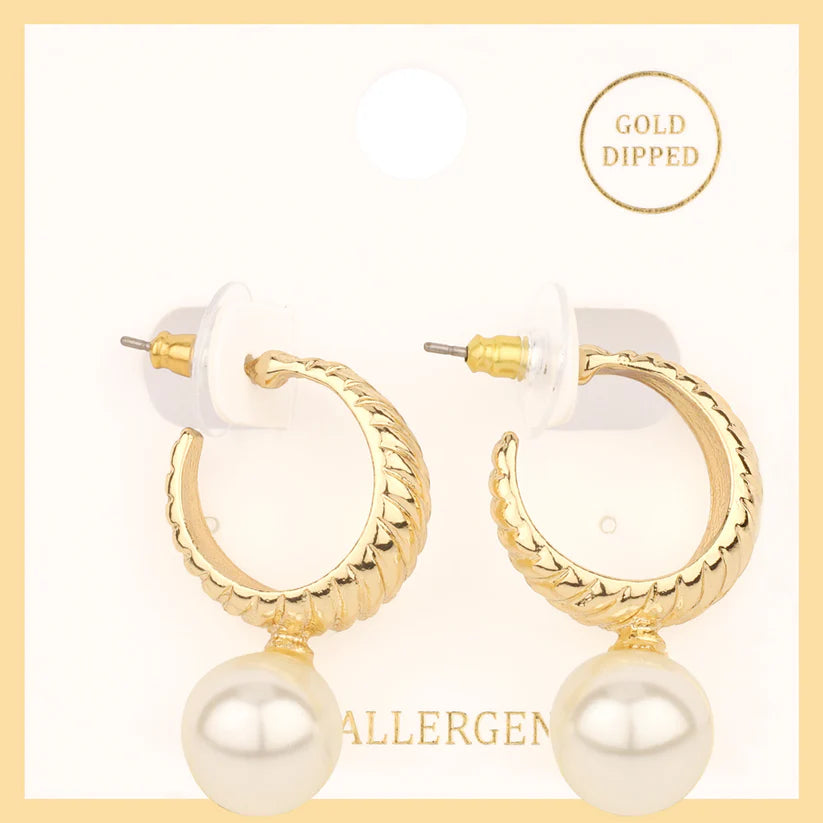 Textured Gold Hoop w/Pearl Drop Earring