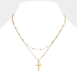 Metal Ball Cross Beaded Double Layered Necklace