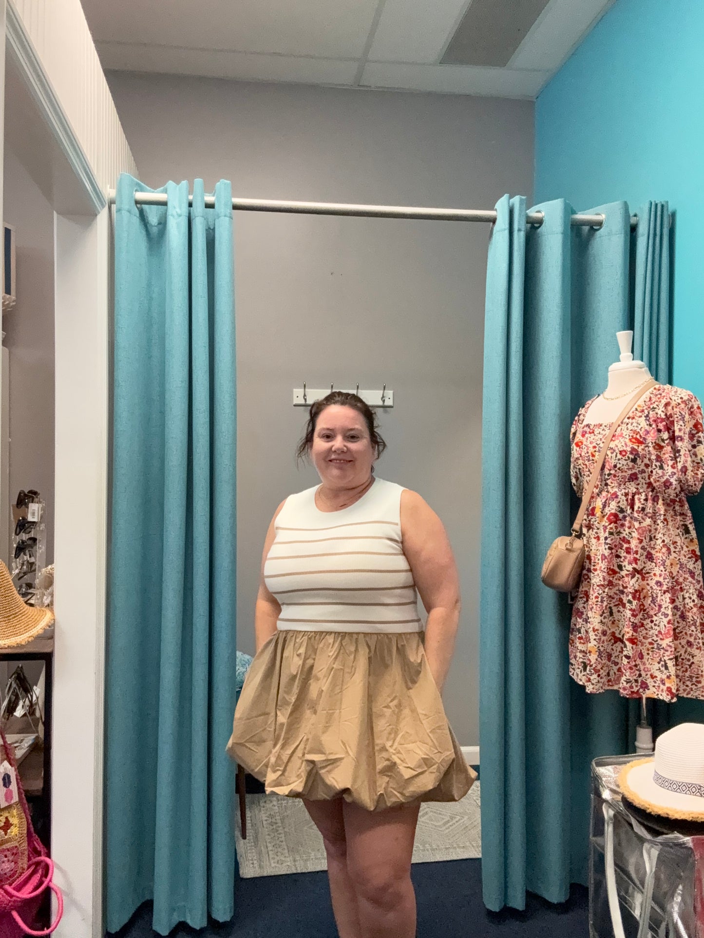 Striped Sleeveless Bubble Hem Dress-Taupe