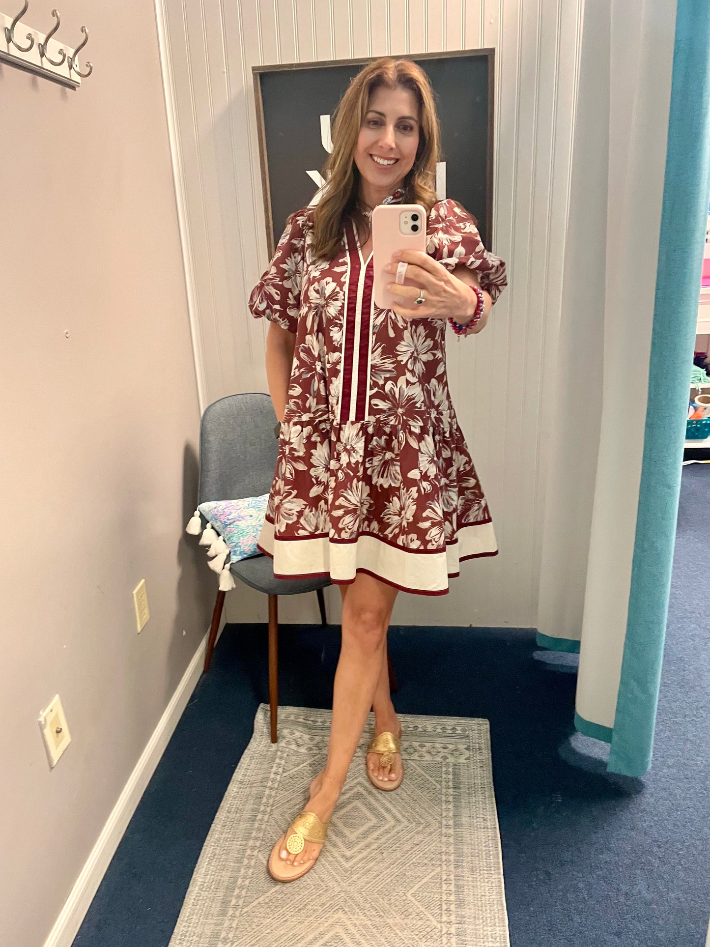 Floral Contrast Stripe Placket & Hem Dress-Burgundy