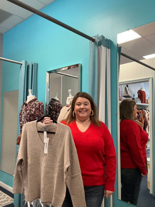 Solid V-Neck Drop Shoulder Sweater