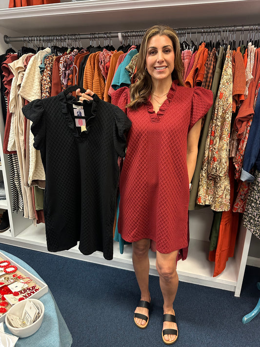 Textured Ruffle V-Neck Bubble Sleeve Dress