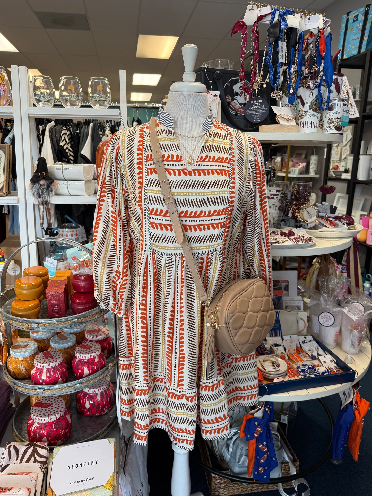 Mixed Stripes 3/4 Balloon Sleeve Dress-Rust