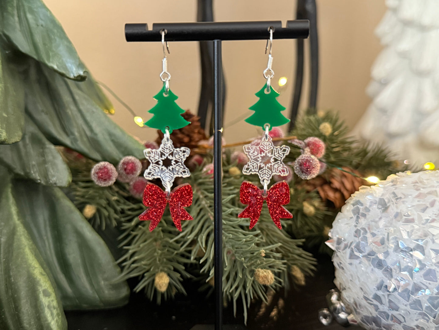 Tree Snowflake Bow Earrings by Ember & Etch-Green