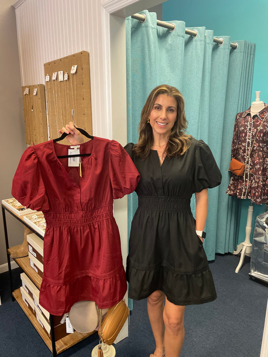 Solid Puff Sleeve Smocked Waist Dress