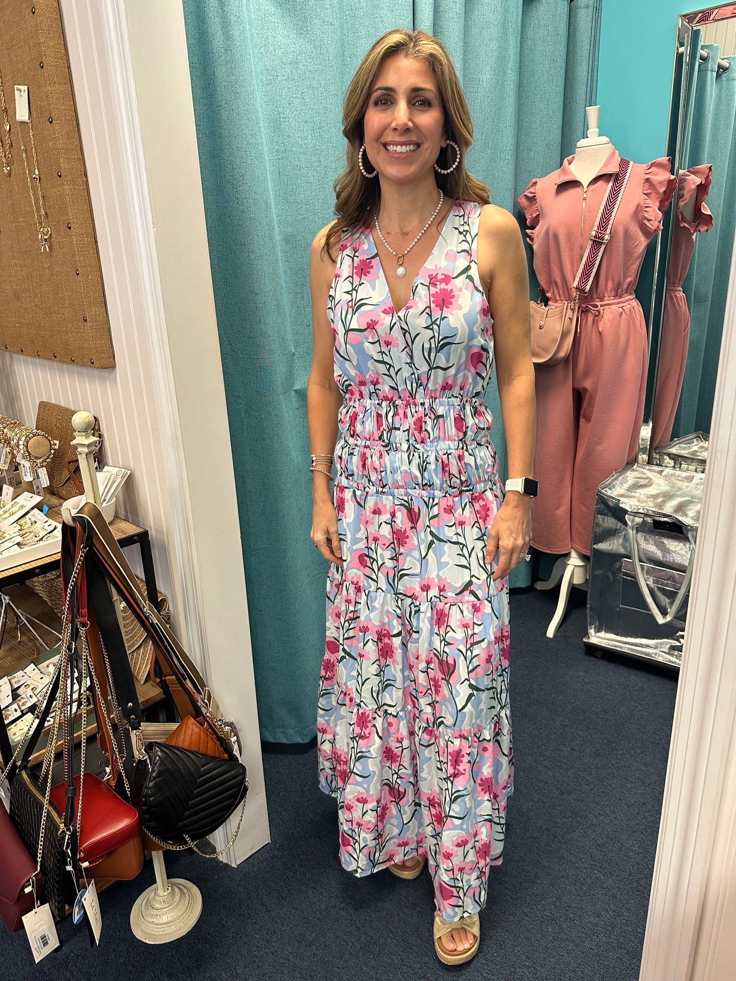Floral Sleeveless Open Tie Back Maxi Dress- Blue