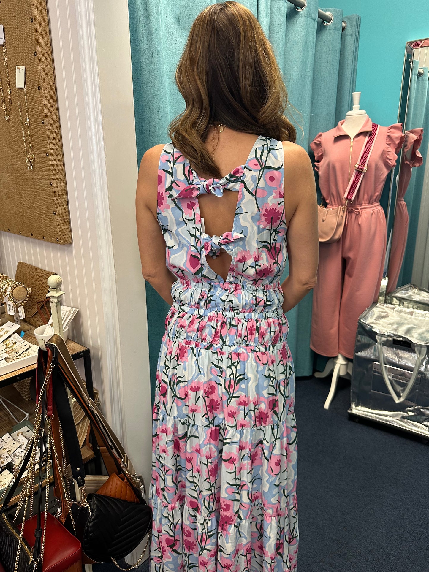 Floral Sleeveless Open Tie Back Maxi Dress- Blue