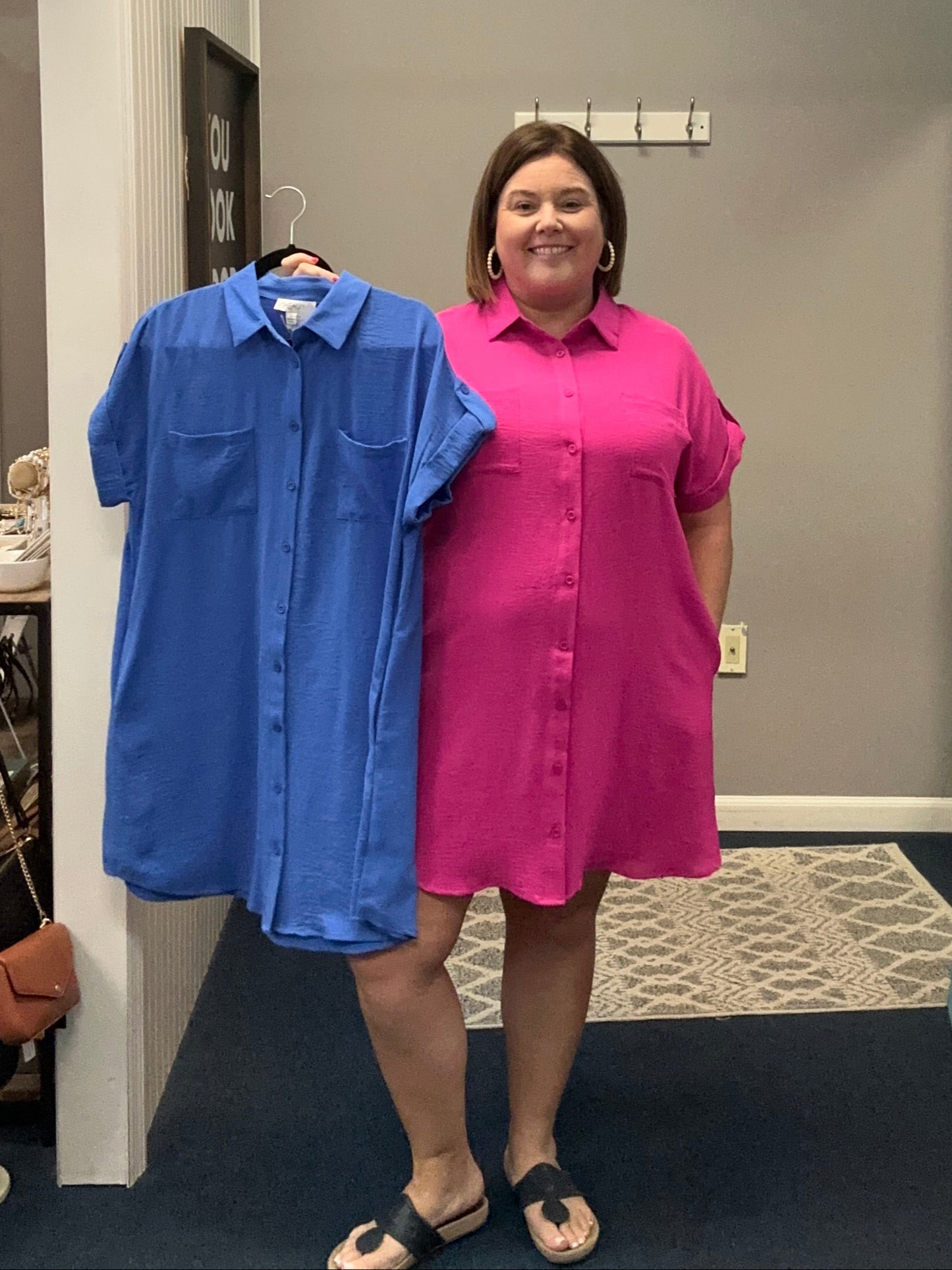 Solid Button Up Double Pocket Shirt Dress