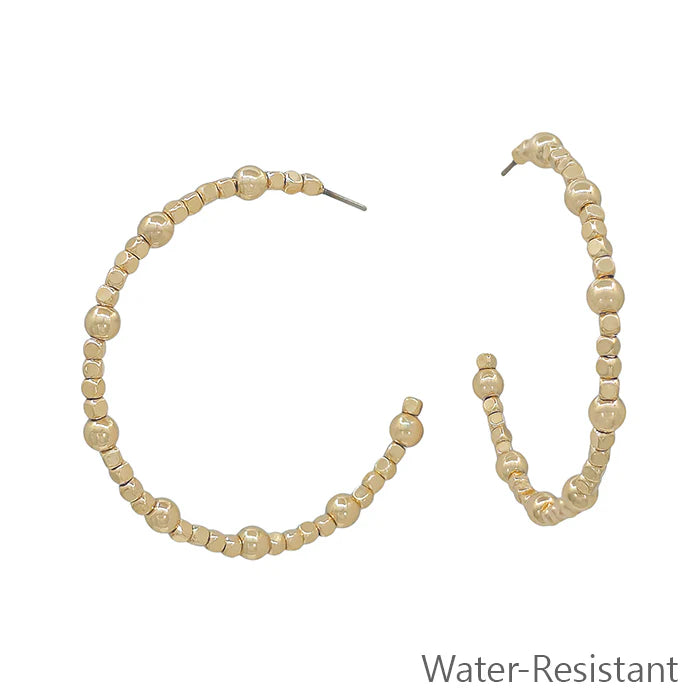 Large Square & Round Mixed Bead Hoop Earring-Gold