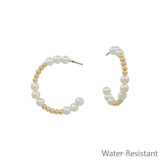 Small Gold Ball Bead & Pearl Hoop Earring