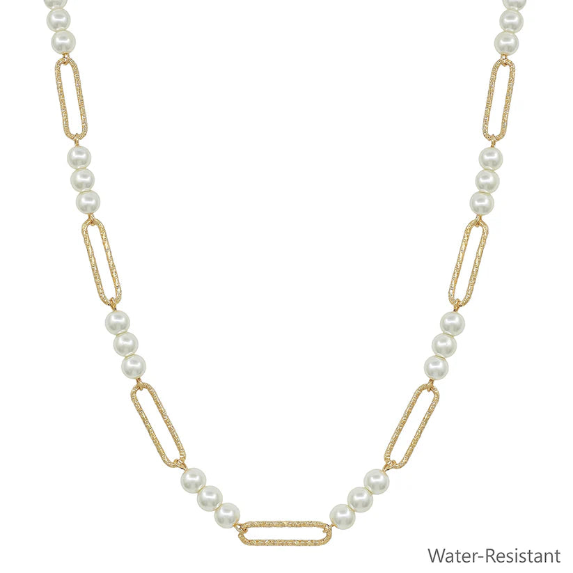 Pearl Beaded Open Oval Chain Short Necklace