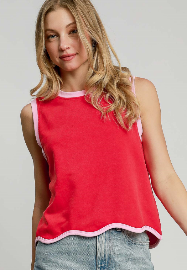 Mineral Washed Sleeveless Scallop Hem Top