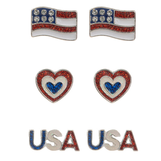 USA Flag Heart Stud Earring Set