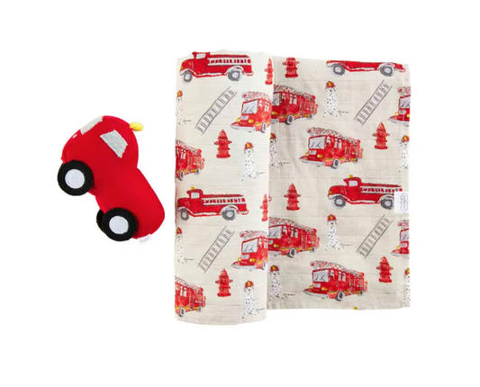 Fire Truck Swaddle & Rattle Set by Mud Pie