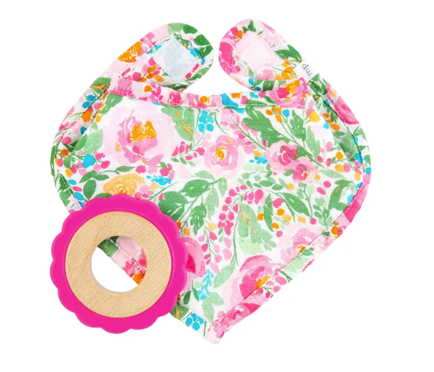 Floral Wood & Silicone Teether W/ Bib Set