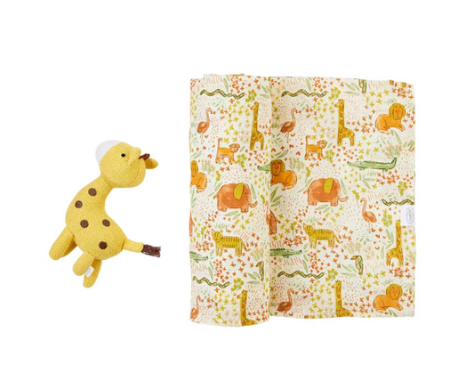 Safari Swaddle & Rattle Set By Mud Pie
