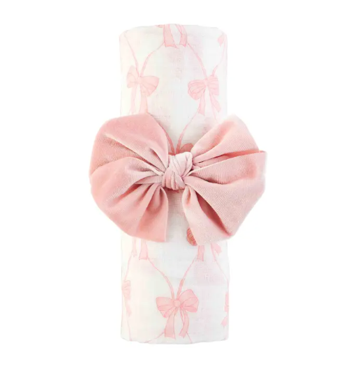 Bow Swaddle & Headband Set By Mud Pie