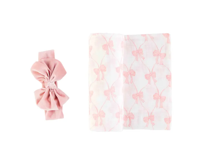 Bow Swaddle & Headband Set By Mud Pie