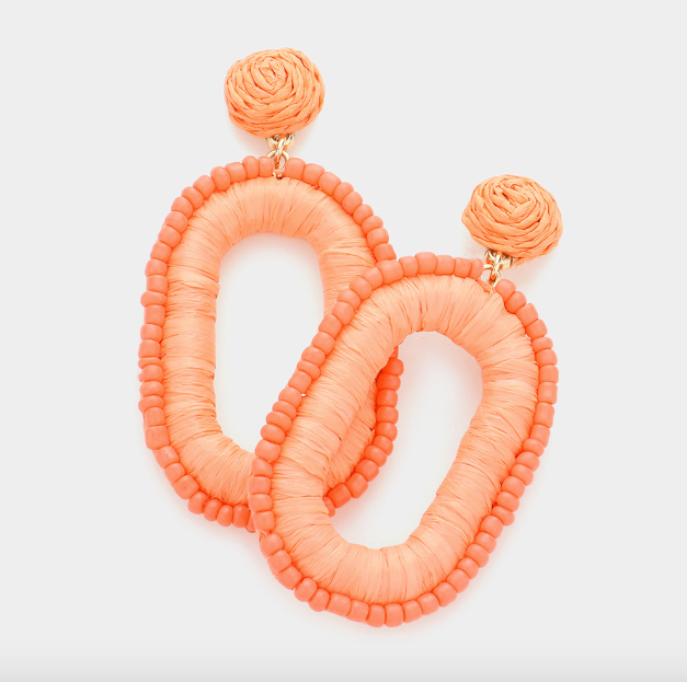 Seed Bead Trimmed Raffia Wrapped Oval Earring