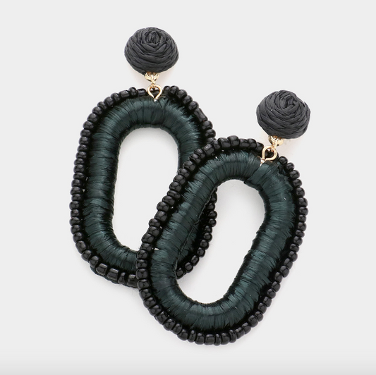 Seed Bead Trimmed Raffia Wrapped Oval Earring