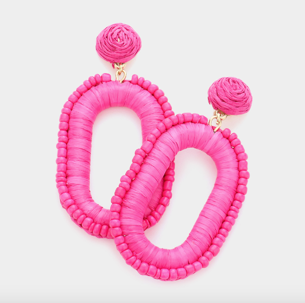 Seed Bead Trimmed Raffia Wrapped Oval Earring