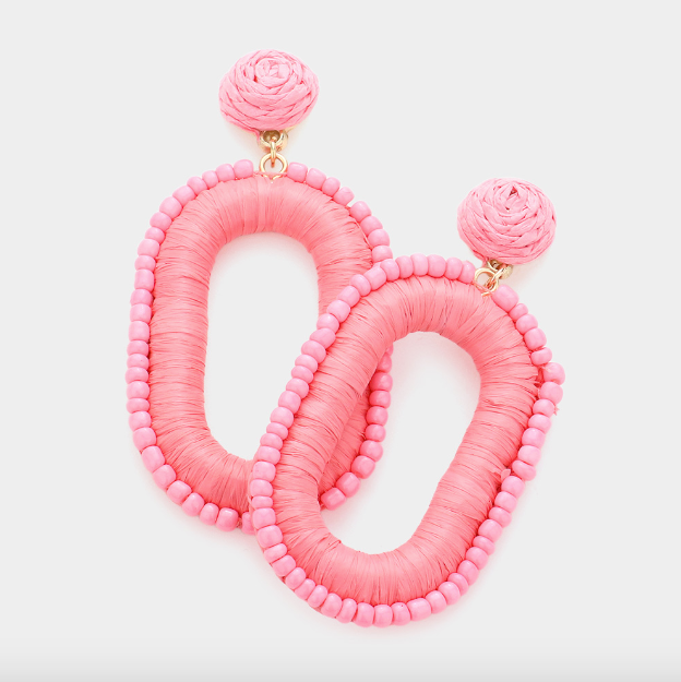 Seed Bead Trimmed Raffia Wrapped Oval Earring