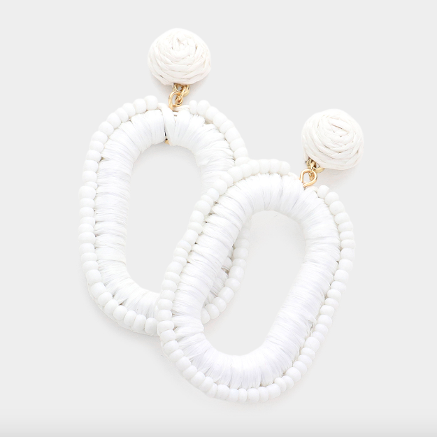 Seed Bead Trimmed Raffia Wrapped Oval Earring