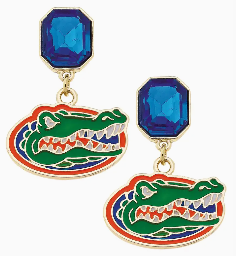 Rhinestone Enamel Logo Earrings in Shiny Gold