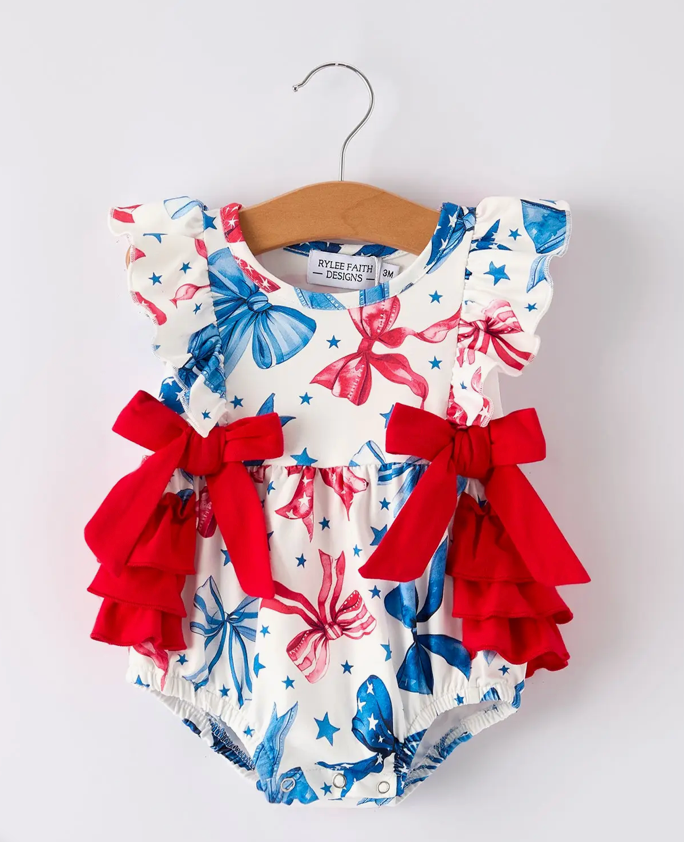 4th of July Bow Print Girls Romper