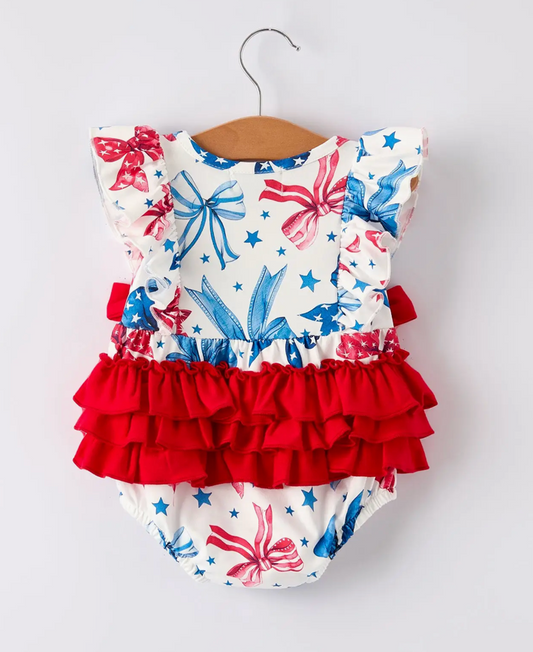 4th of July Bow Print Girls Romper