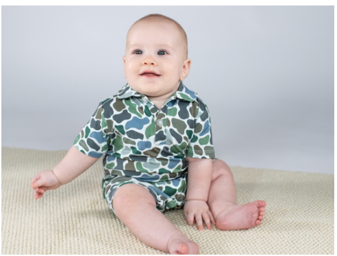 Short Sleeve Polo Romper in Camo by Goosies
