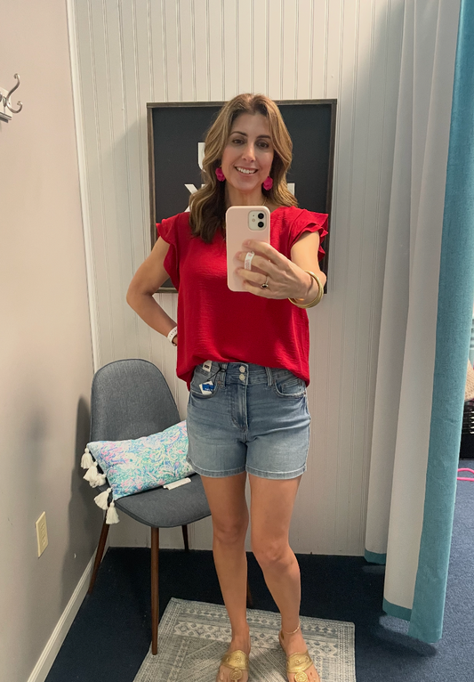 Solid Scoop Neck Double Ruffle Sleeve Top