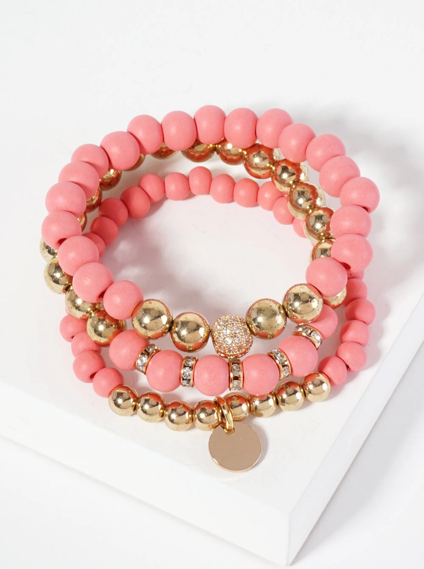 Wood and Crystal Pave Ball Beaded Bracelet Set