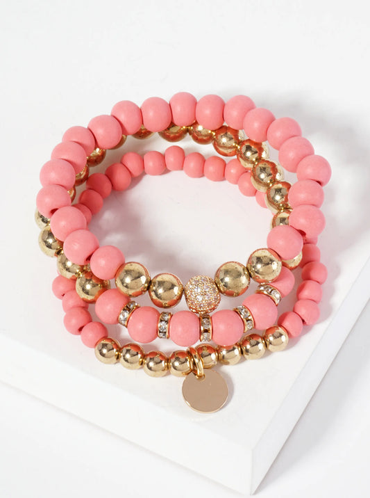 Wood and Crystal Pave Ball Beaded Bracelet Set