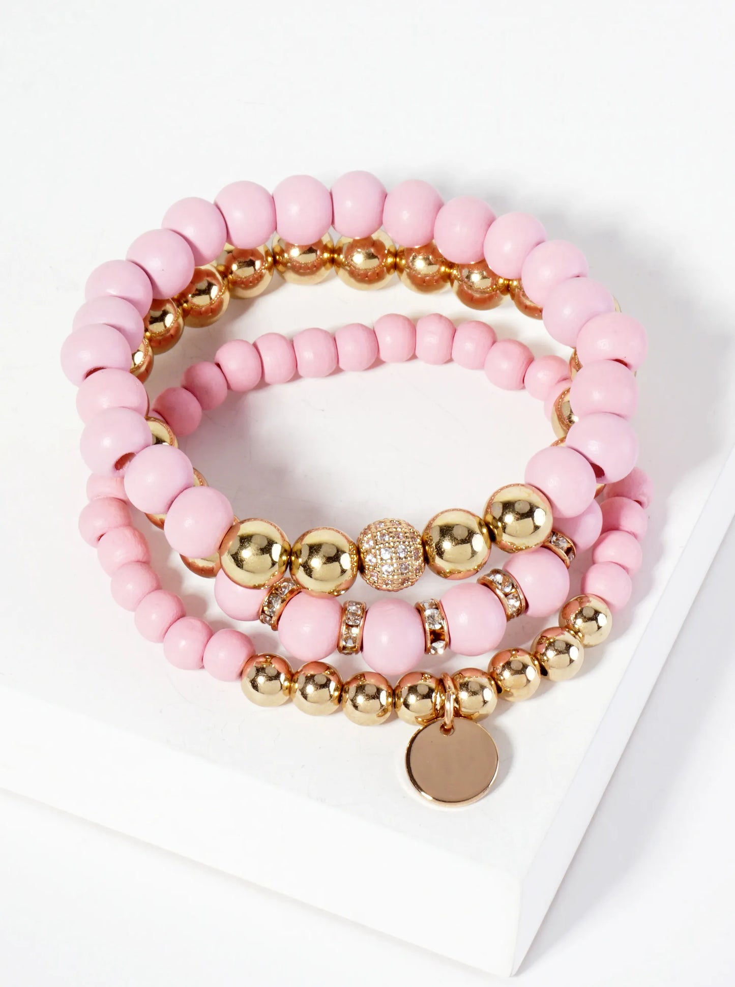 Wood and Crystal Pave Ball Beaded Bracelet Set