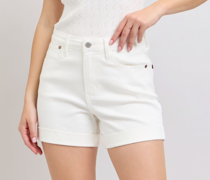 White High Waist Double Roll Cuff Shorts