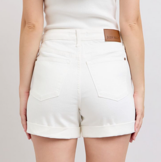White High Waist Double Roll Cuff Shorts