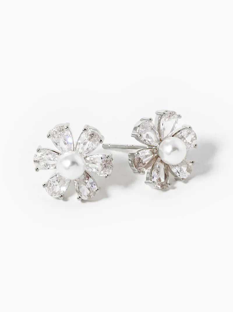 Pearl & CZ Flower Stud Earring