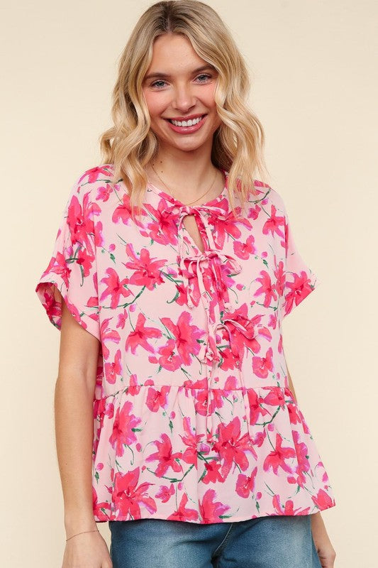 Floral Bow Ties Peplum Hem Top-Pink