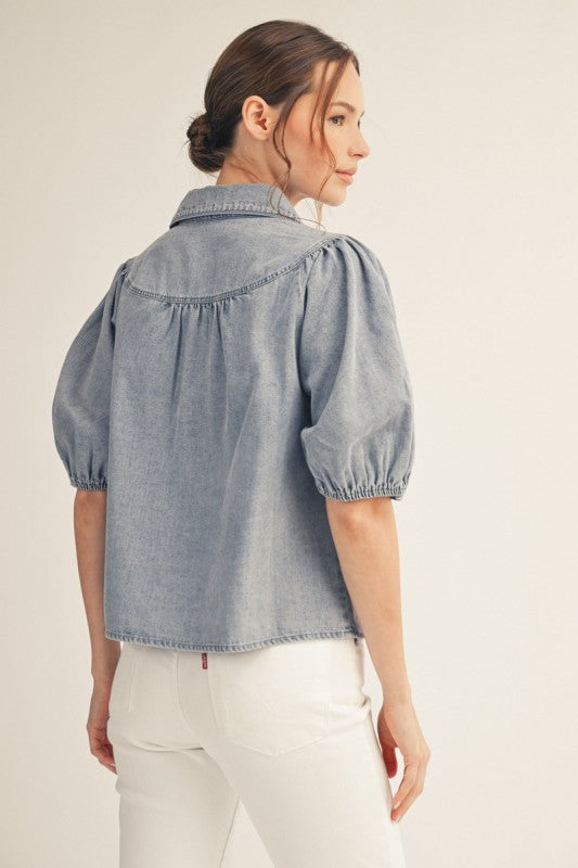 Denim Button Down V-Neck Puff Sleeve Top