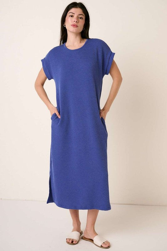 Solid Rib Knit Short Sleeve Midi Dress