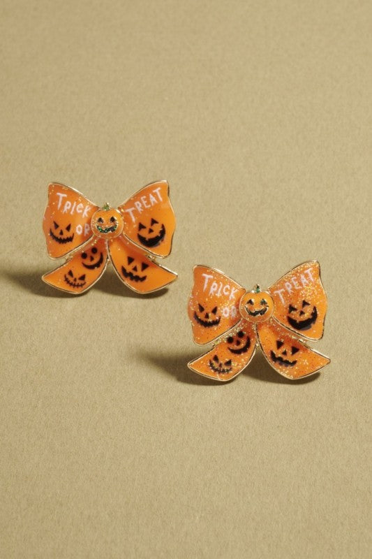 Jack-o-Lantern Enamel Bow Stud Earring-Orange