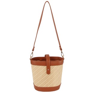 Straw Crossbody Bucket Bag-Tan
