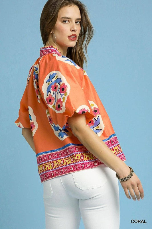 Large Spaced Floral Border Print Puff Sleeve Top-Coral
