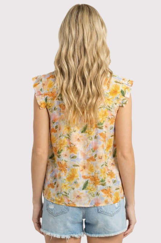 Floral Pleated Chest Ruffle Cap Sleeve Top-Mango
