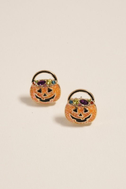 Glitter Jack-o-Lantern Candy Basket Stud Earring
